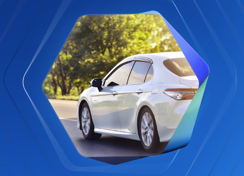 Imagem de um carro dentro de um hex�gono sobre fundo azul escuro