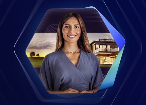 Imagem de uma mulher em frente a uma casa moderna dentro de um hex�gono sobre fundo azul claro