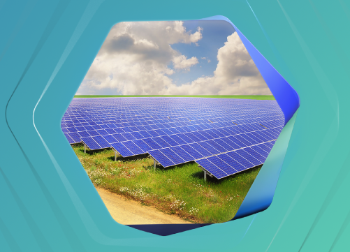 Imagem de placas solares em um campo dentro de um hex�gono sobre fundo azul escuro