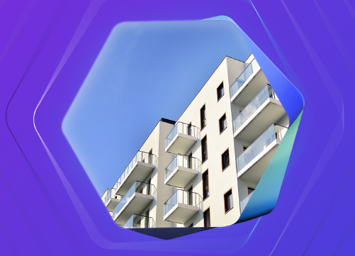 Imagem de um pr�dio dentro de um hex�gono sobre fundo azul roxo