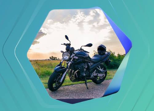 Imagem de uma motocicleta dentro de um hex�gono sobre fundo verde azulado